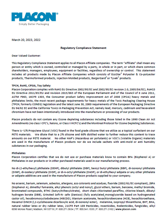 link to https://www.placon.com/wp-content/uploads/2023/03/20230320-Placon-Regulatory-Statement-for-ALL-SITES.pdf