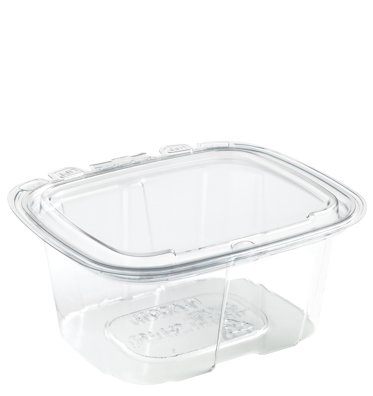 Clear rectangular plastic food storage container with a snap-on lid
