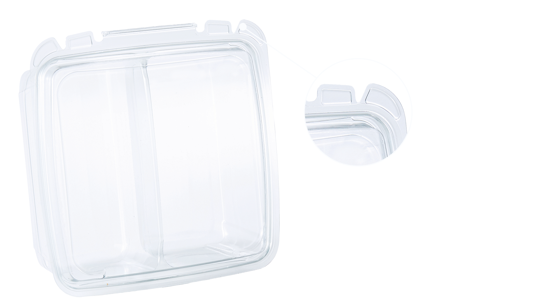 Clear rectangular food storage container with three compartments and a snap-lock lid