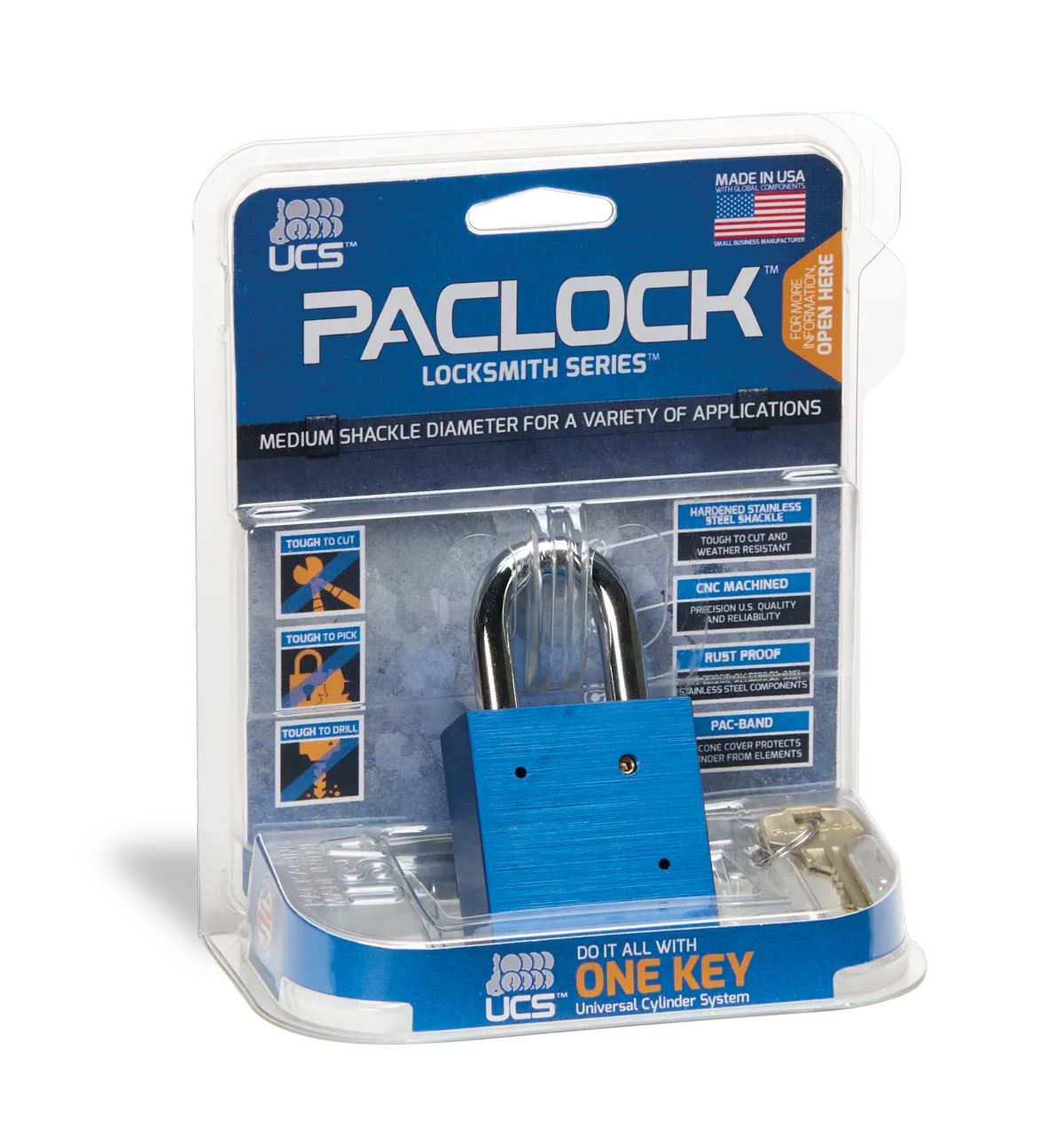 UCS PacLock Locksmith Series blue padlock in retail packaging with two keys