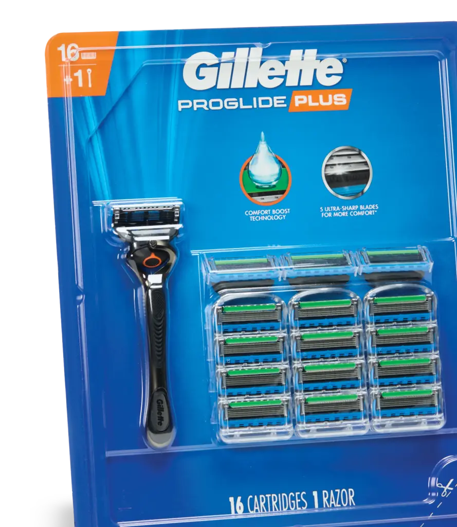 Gillette ProGlide Plus package with one razor and 16 cartridges, featuring Comfort Boost Technology and five ultra-sharp blades