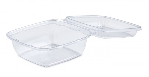 Two clear plastic food storage containers with hinged lids open