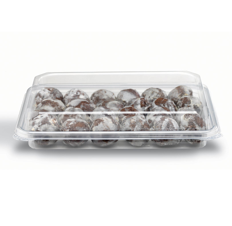 Clear plastic container filled with powdered sugar-dusted chocolate truffles