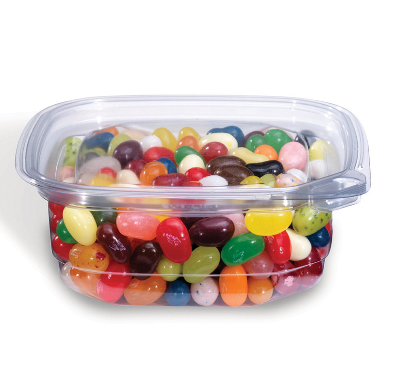 Clear plastic container filled with colorful jelly beans