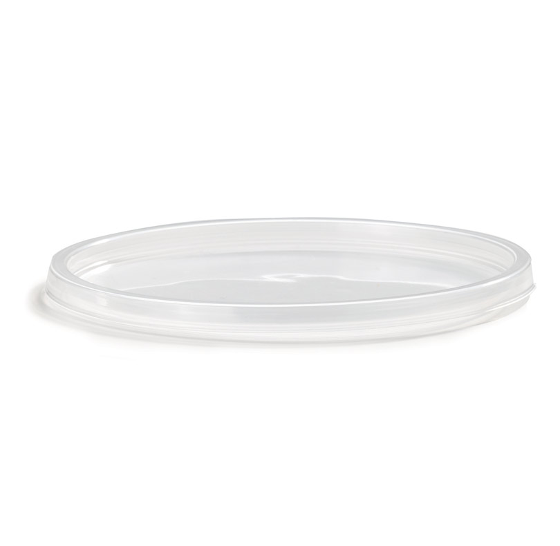 Clear, shallow round plastic dish with a raised rim