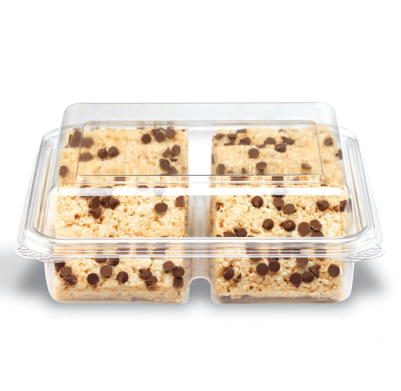 Clear plastic container holding four chocolate chip dessert bars