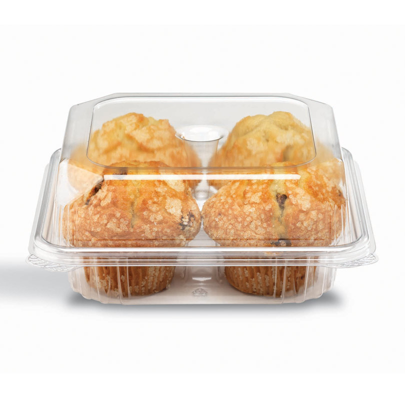 Clear plastic container holding six muffins