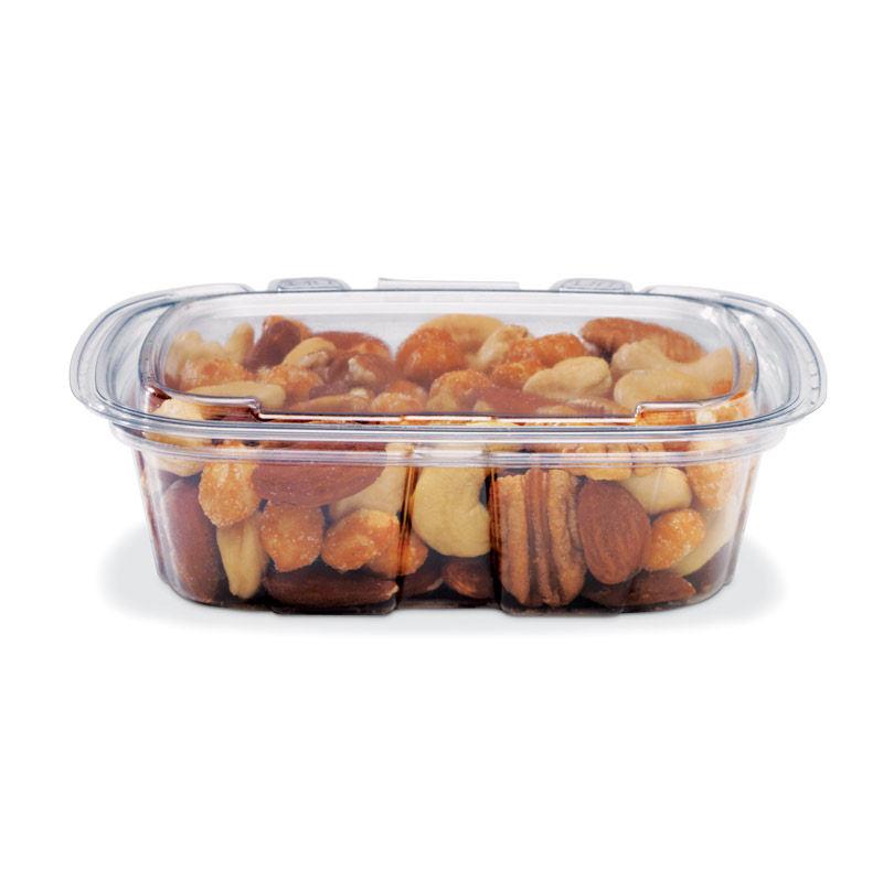 Mixed nuts in a clear plastic container