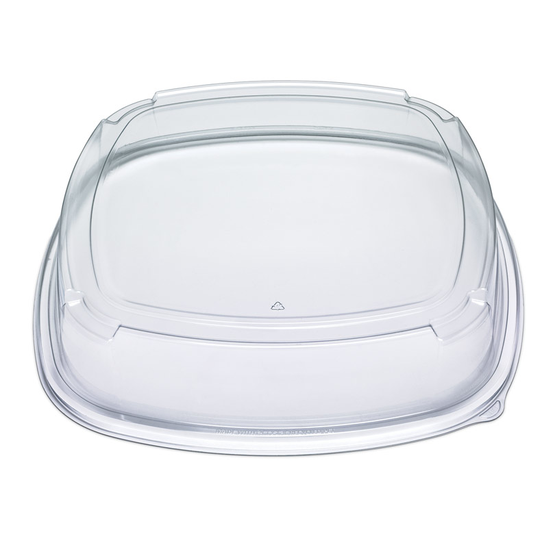 Clear plastic food storage container lid with a raised rim and snap-on edges