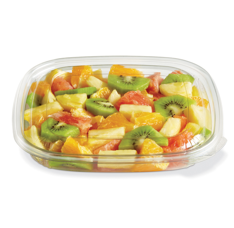Container of mixed fruit salad with kiwi, orange, grapefruit, pineapple, and melon pieces
