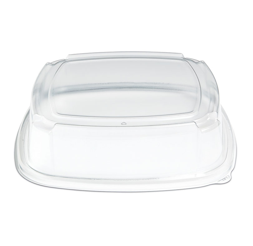 Clear plastic food container lid with raised dome and rim