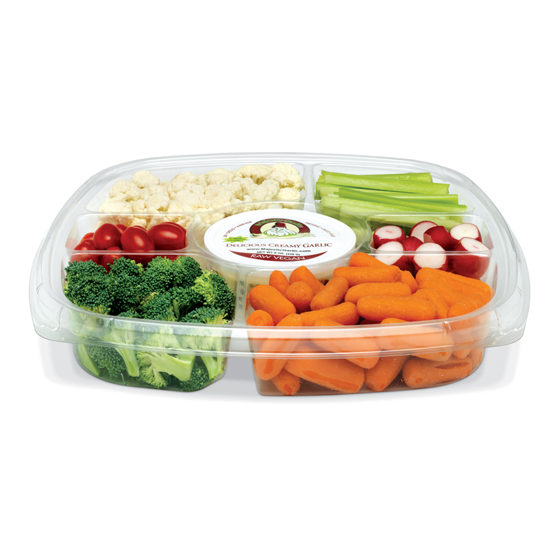 Vegetable tray with broccoli, baby carrots, cauliflower, celery, tomatoes, radishes, and creamy garlic dip