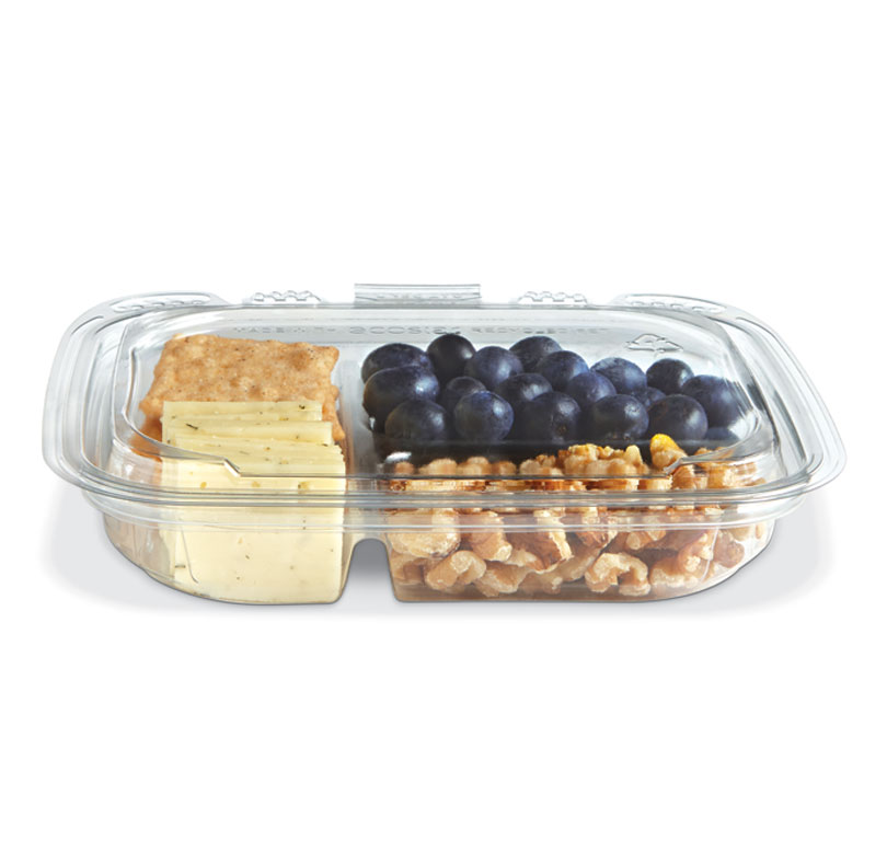 Divided snack tray with blueberries, cheese, crackers, and walnuts