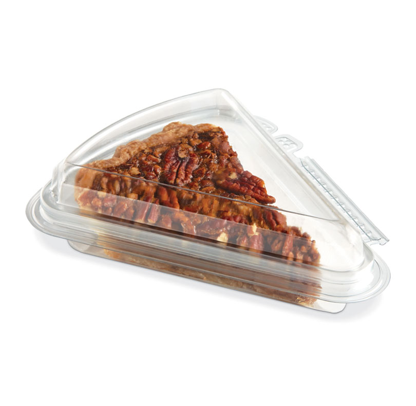 Pecan pie in a clear plastic bakery container