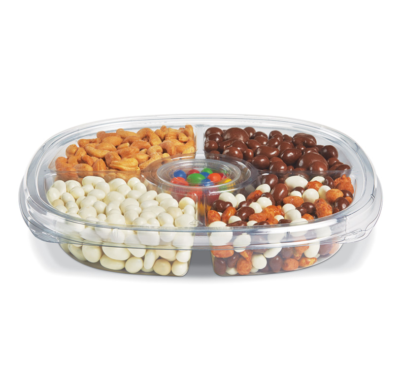 Clear divided tray filled with assorted nuts, dried snacks, and colorful candy-coated chocolates
