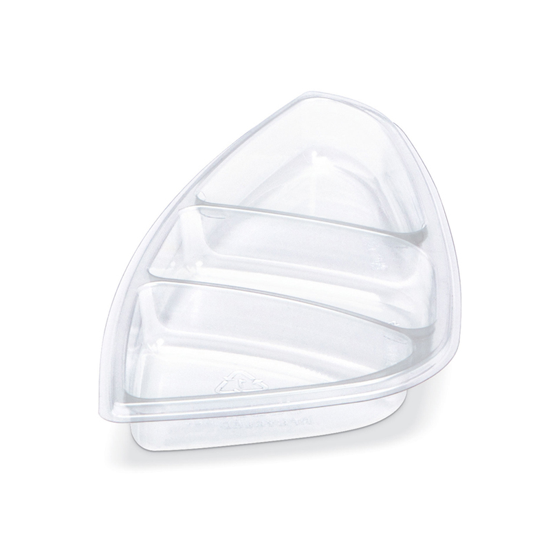 Clear triangular three-compartment plastic organizer tray