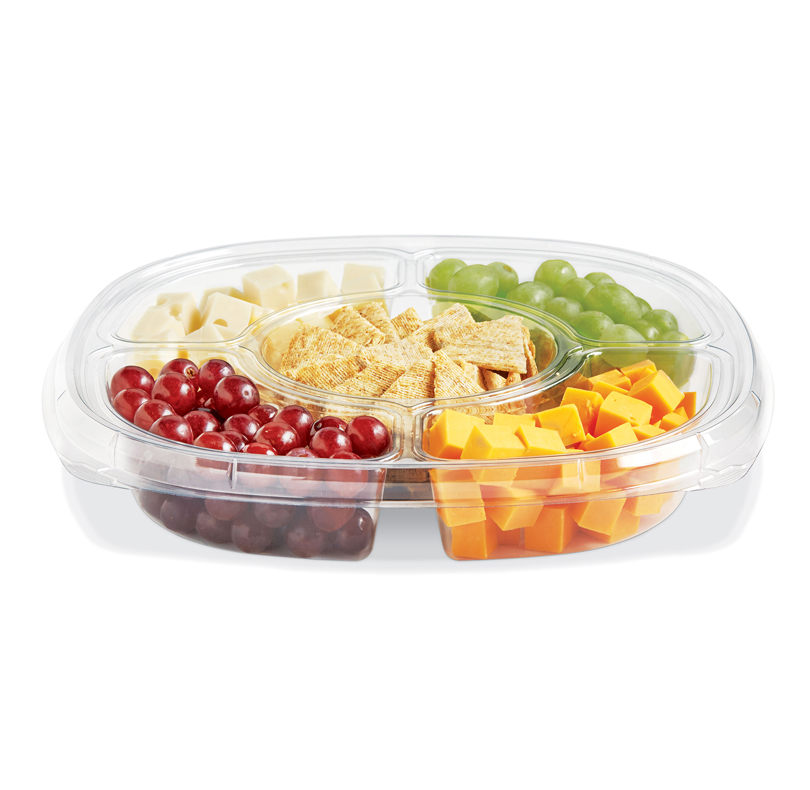 Divided snack tray with cheese cubes, green and red grapes, and crackers