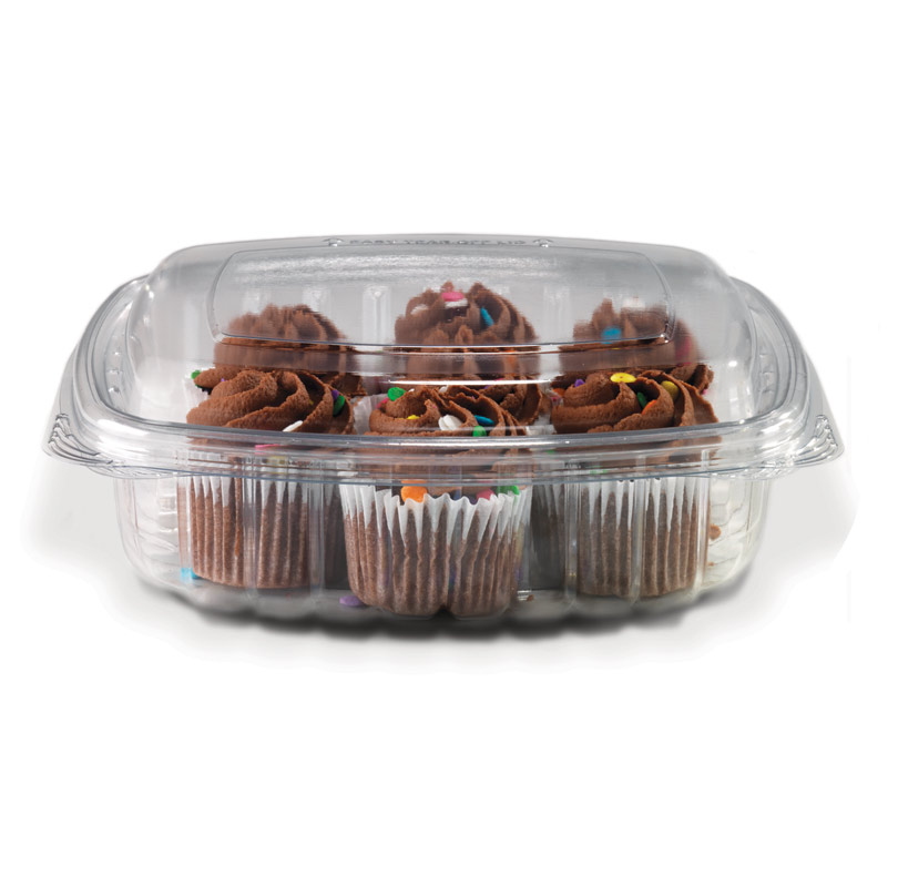 Container of chocolate cupcakes with colorful candy sprinkles and chocolate frosting