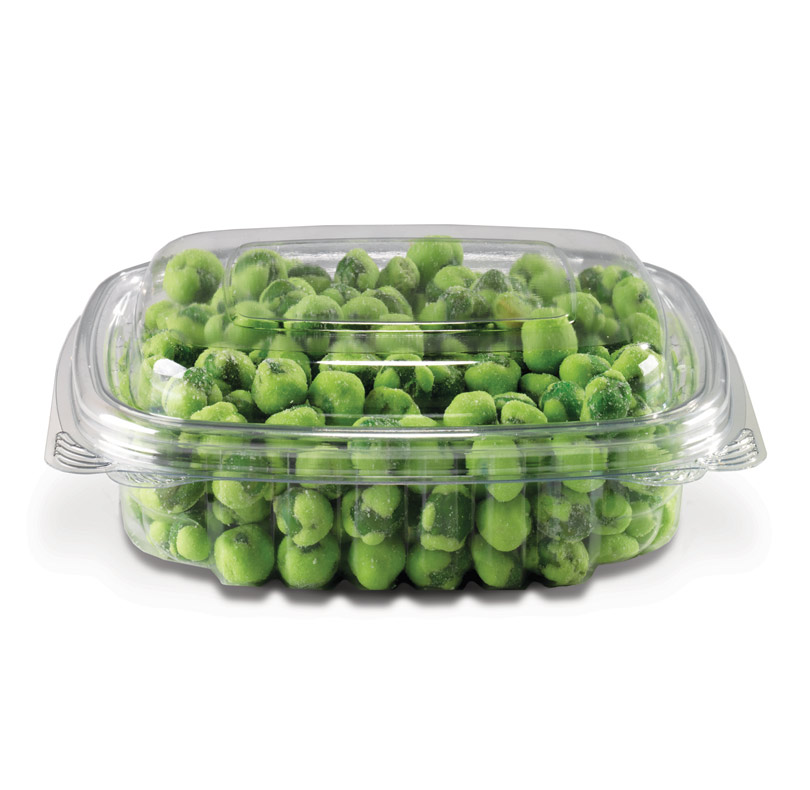 A clear plastic container filled with green peas
