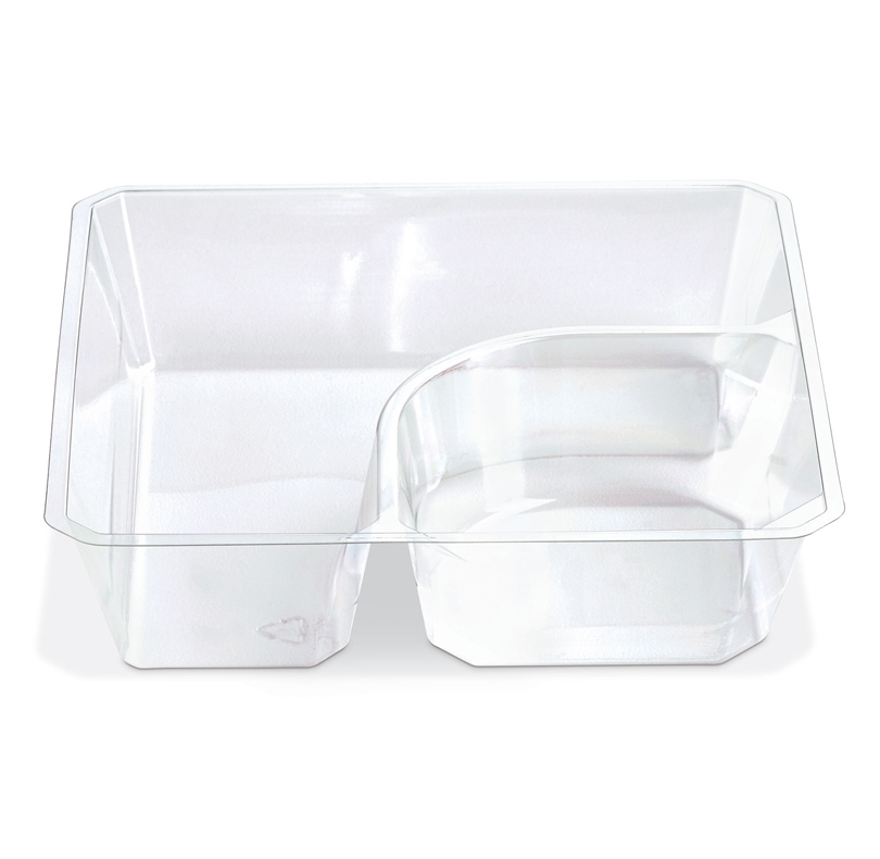Clear plastic two-compartment storage tray