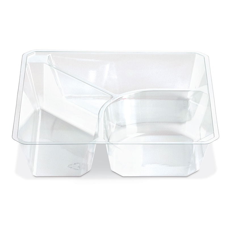 Clear plastic storage bin with two compartments