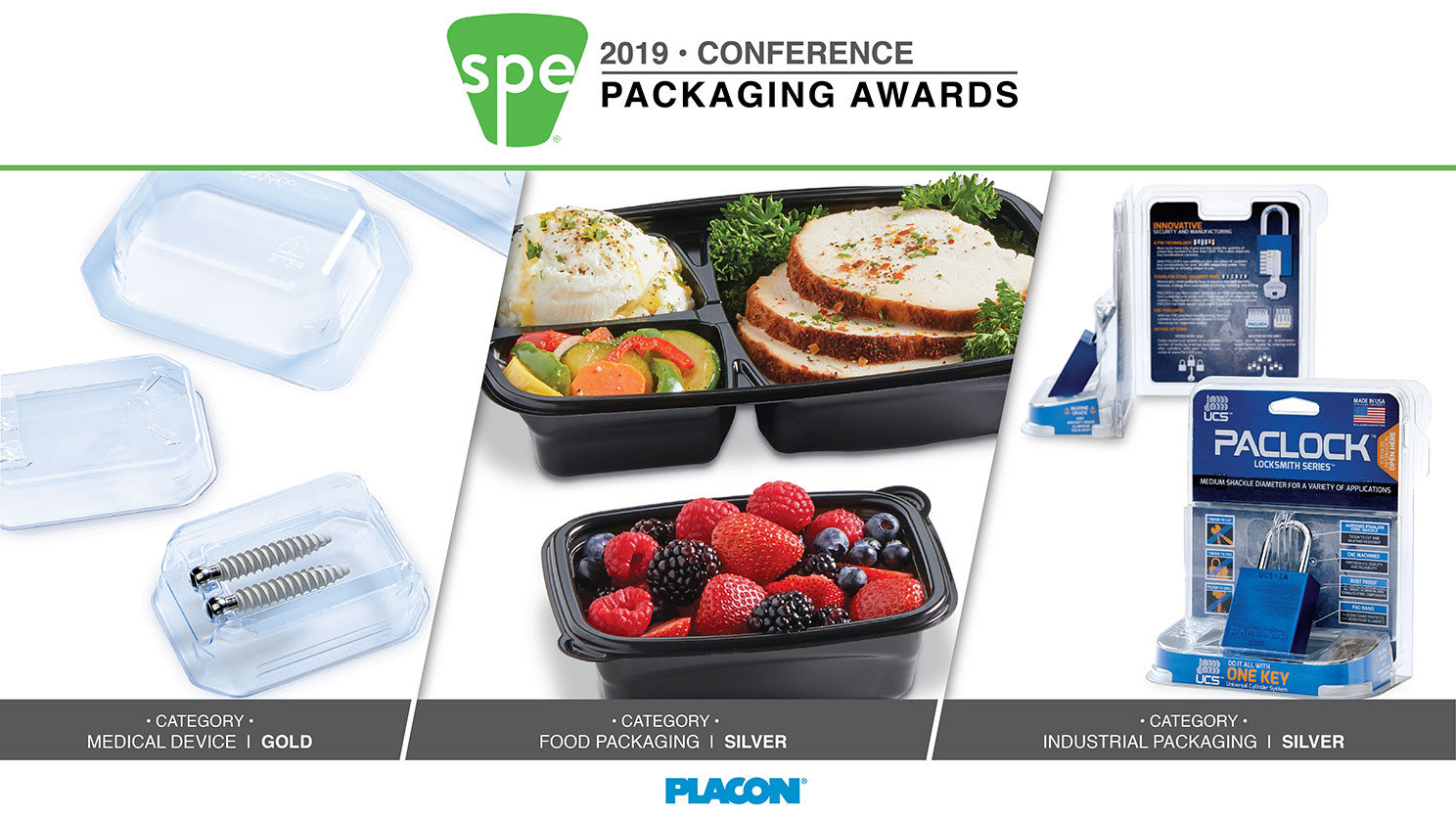Placon products win 2019 SPE Conference Packaging Awards: gold in medical devices, silver in food and industrial packaging