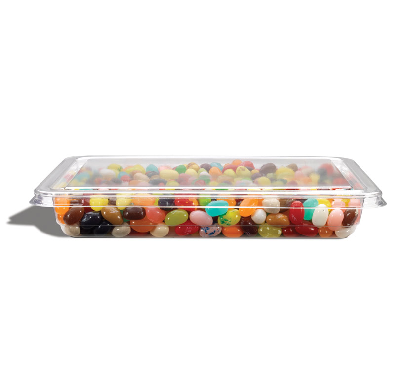 Clear plastic container filled with colorful jelly beans