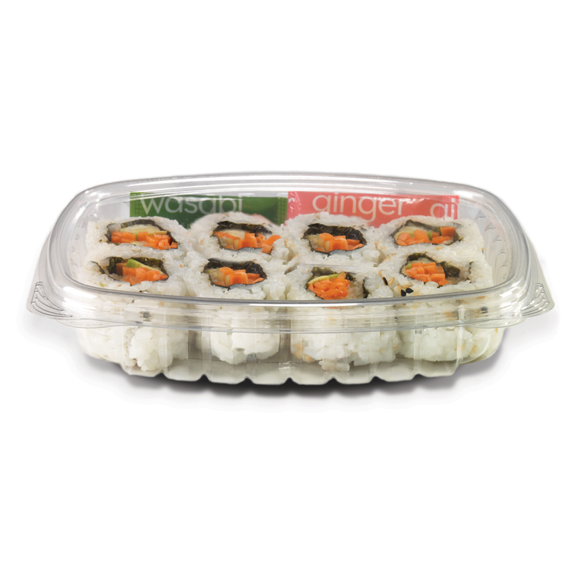 Tray of sushi rolls with salmon, avocado, and cucumber, labeled wasabi and ginger