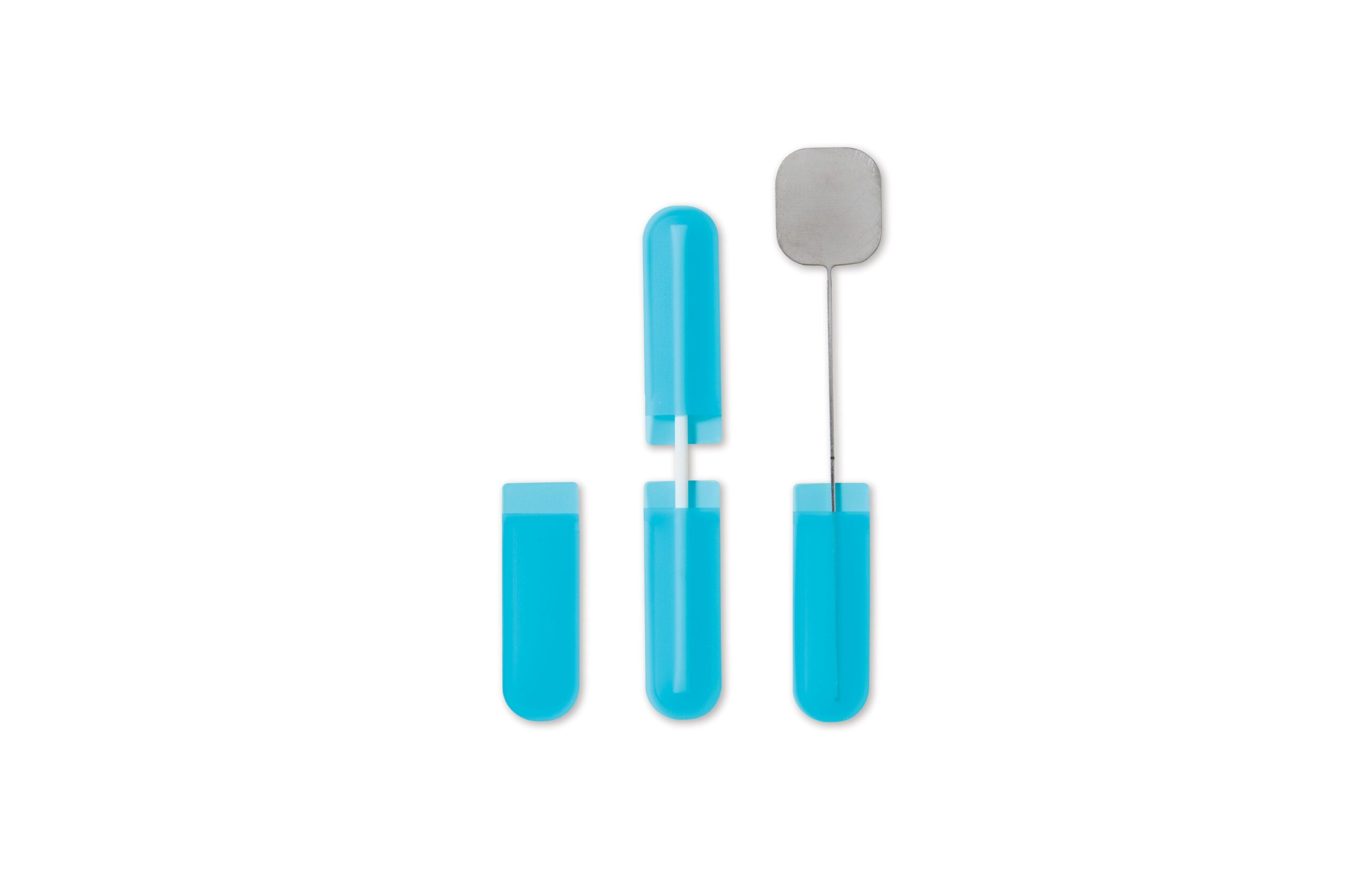 Three blue-handled dental instruments, including a square metal dental mirror