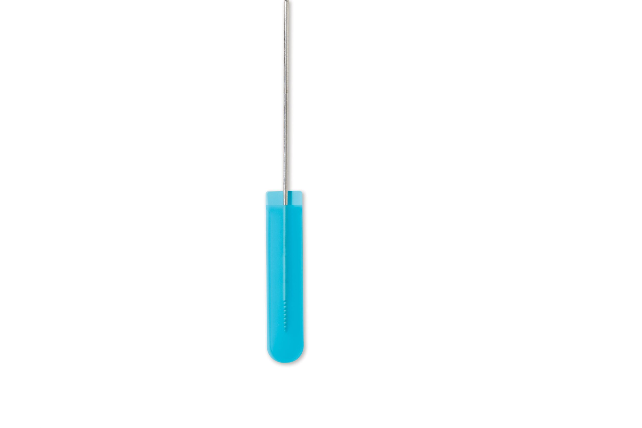 Blue-handled screwdriver with a long metal shaft