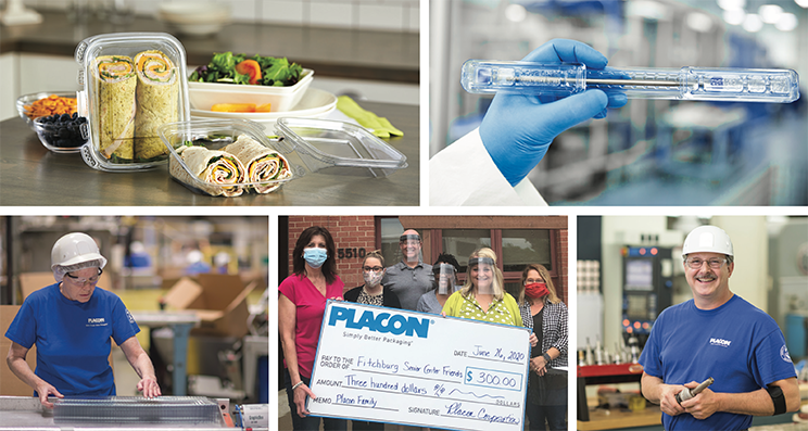 Collage showing prepared wraps, a laboratory instrument, manufacturing workers, a community donation check, and an employee