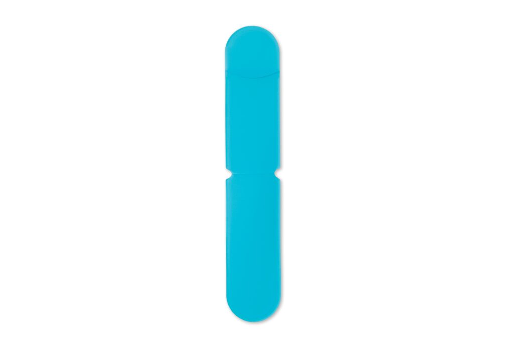 Blue plastic handle with rounded ends and a narrow waist