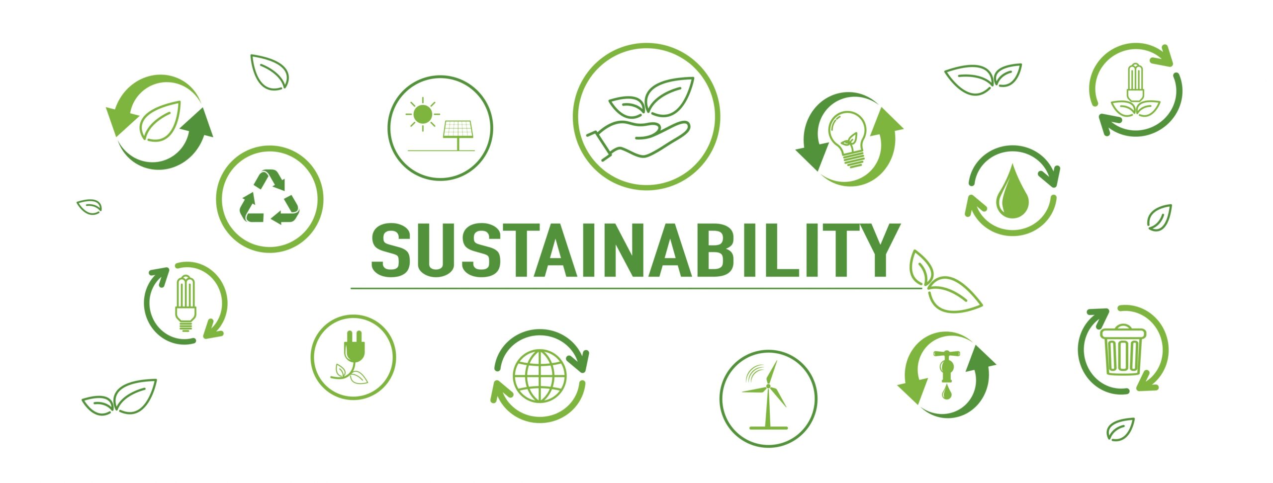 Sustainability represented by icons for recycling, renewable energy, conservation, and waste reduction