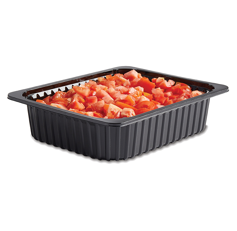 Black plastic tray filled with diced tomatoes
