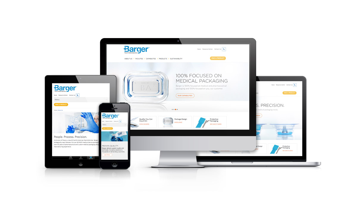 Barger website displayed responsively on a desktop monitor, laptop, tablet, and smartphone