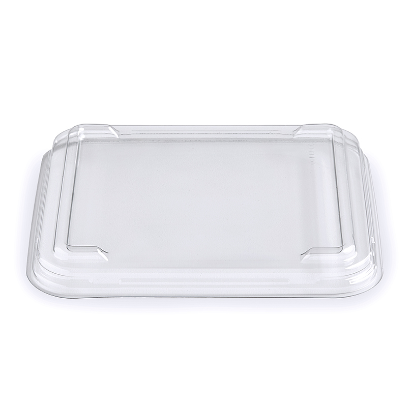 Clear rectangular plastic lid with raised edges and rounded corners