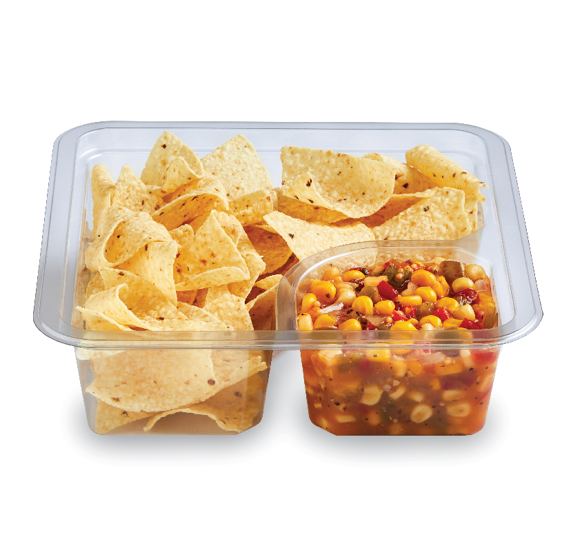 Tray of tortilla chips with a container of chunky salsa