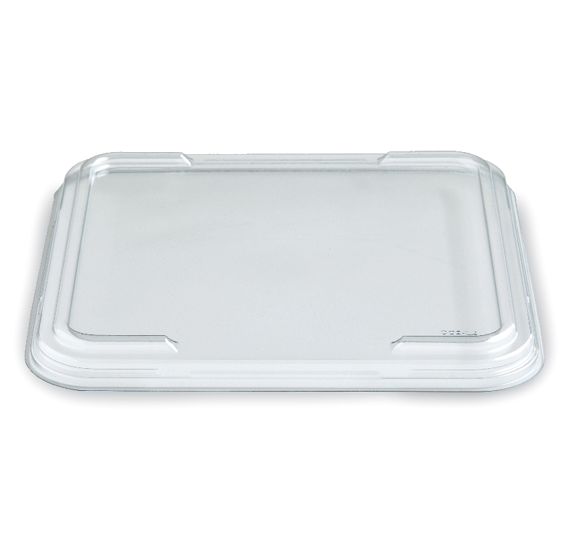 Clear rectangular plastic lid with raised edges and corner tabs