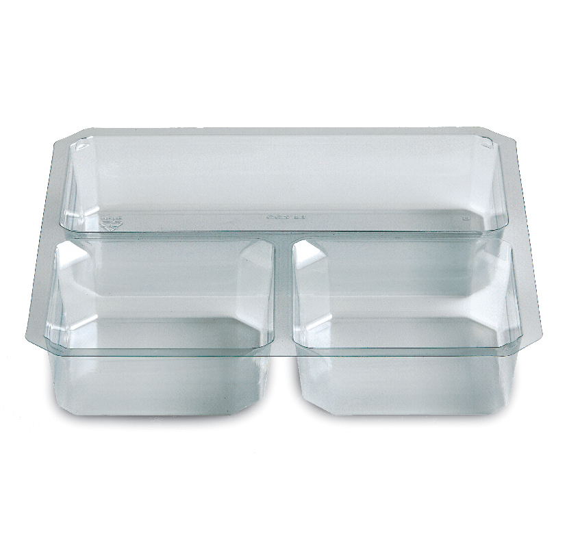 Clear plastic food storage container with three compartments and a fitted lid