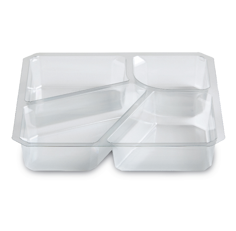 Four-compartment white plastic food tray with a clear lid