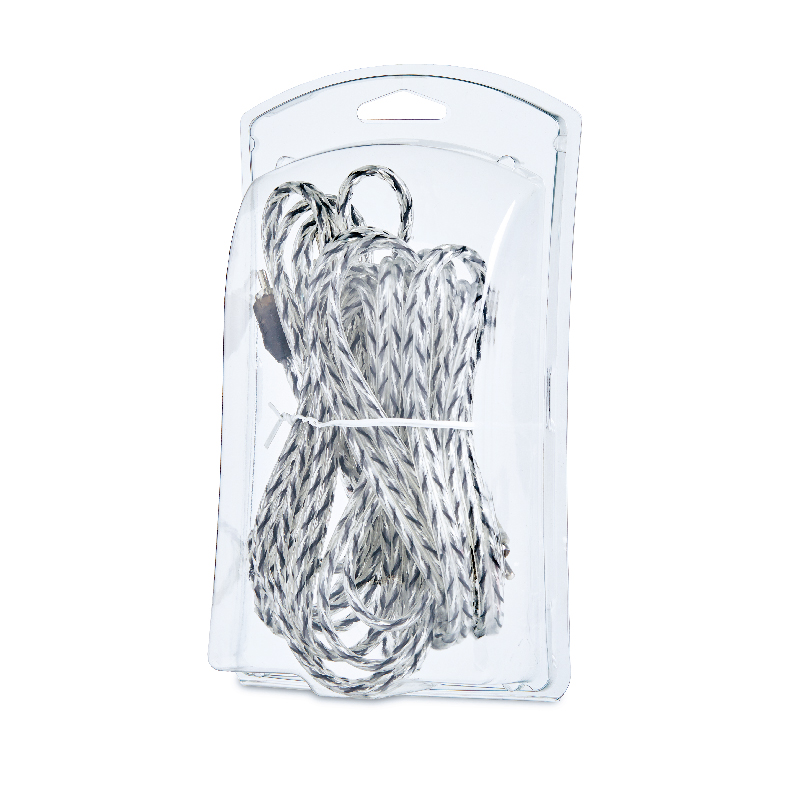 Coiled silver-colored cord in clear plastic packaging