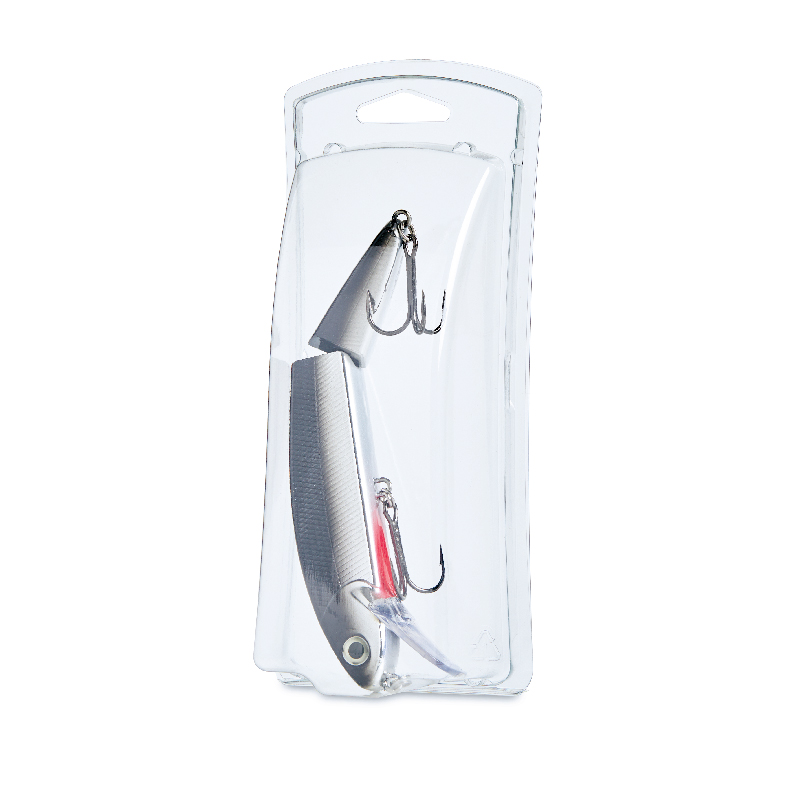 Fishing lures with treble hooks displayed in clear blister packaging