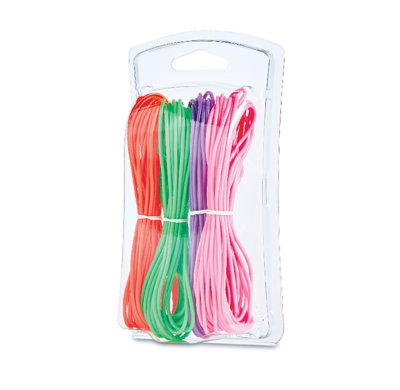 Pack of colorful elastic bands in red, green, purple, and pink