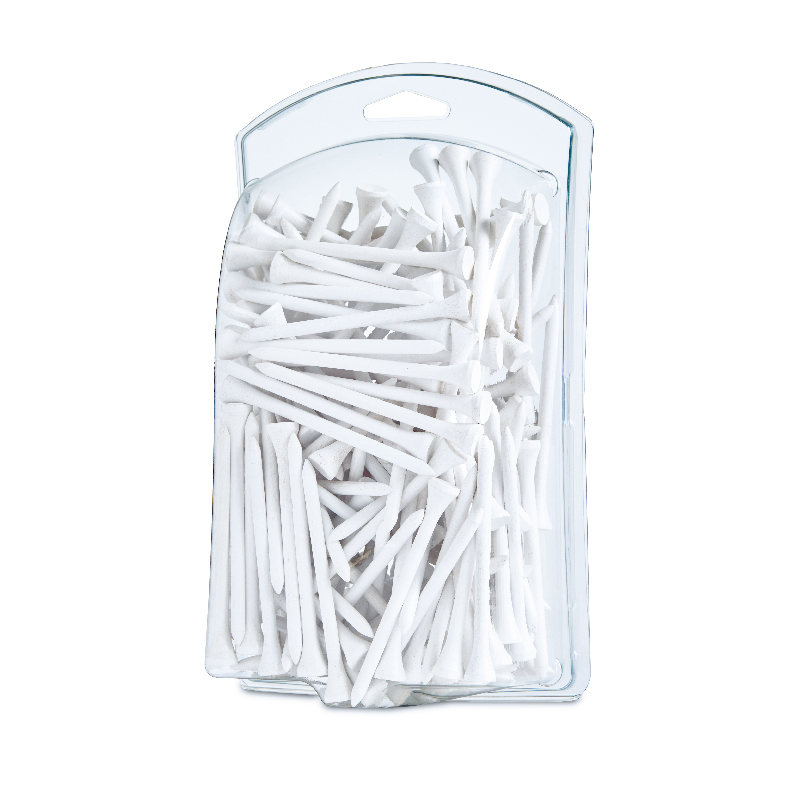 Container filled with white plastic golf tees