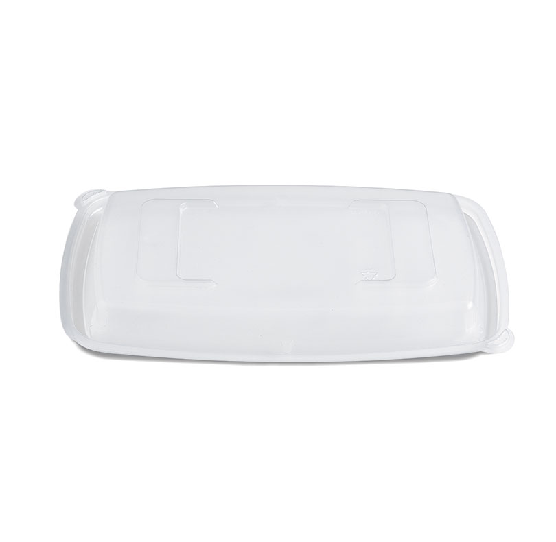 Translucent rectangular plastic food container lid with a raised rim