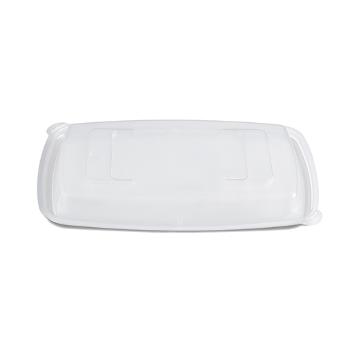 Clear rectangular plastic storage container lid with rounded edges and side handles
