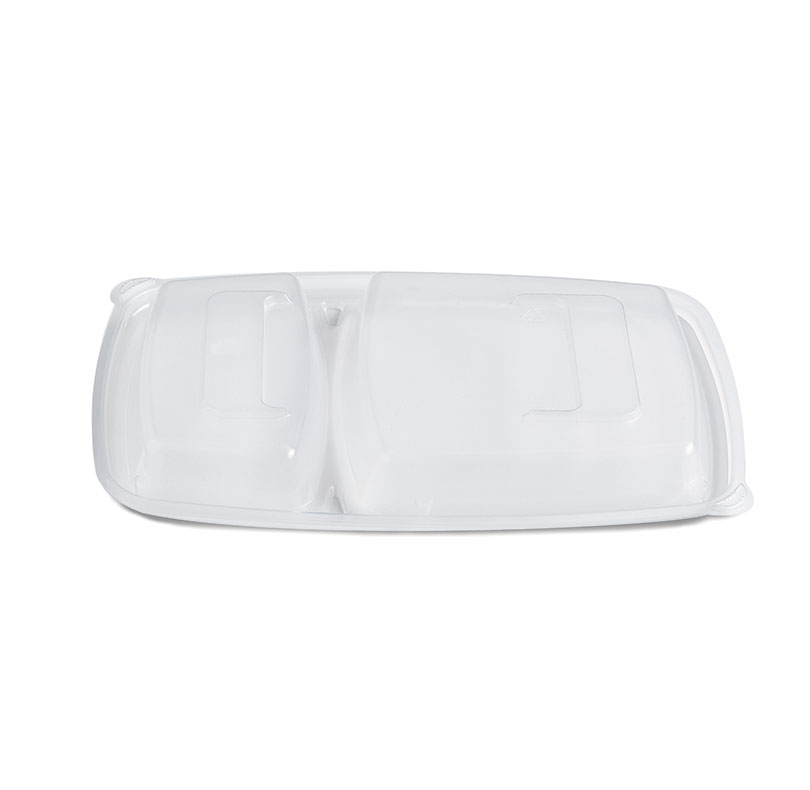 Clear plastic food container with two compartments and a hinged lid