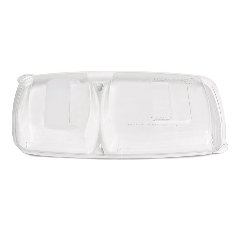 Clear plastic divided food container with two compartments and a hinged lid