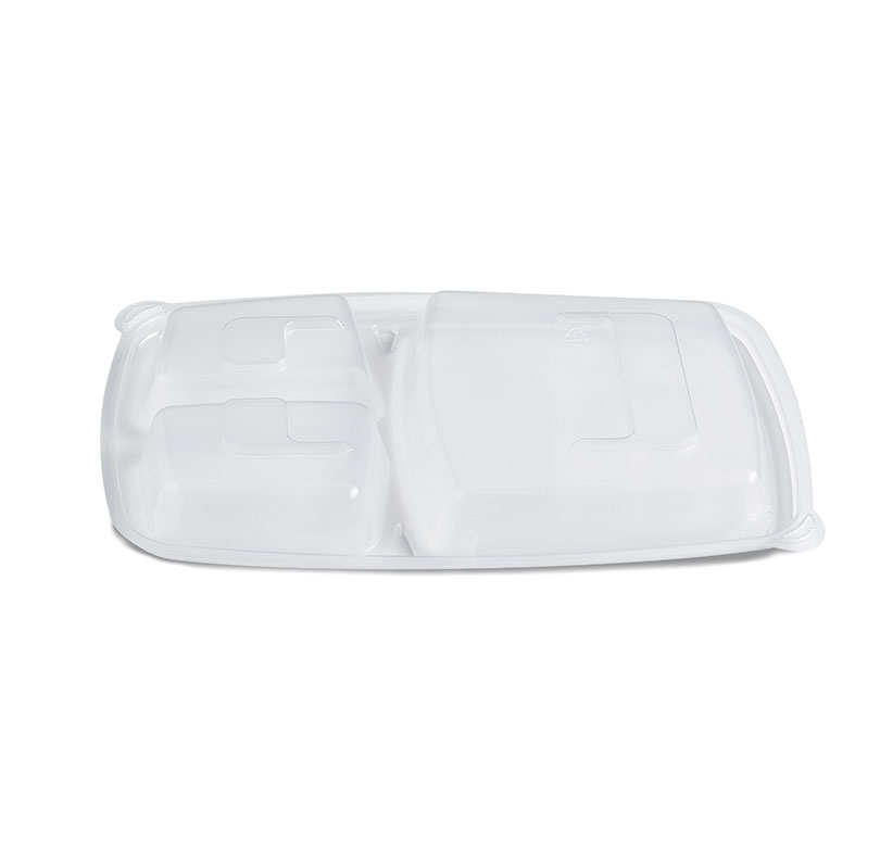 White plastic compartmentalized takeout container with a hinged lid
