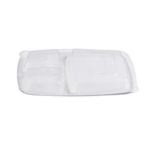 White plastic two-compartment food container with fitted lids